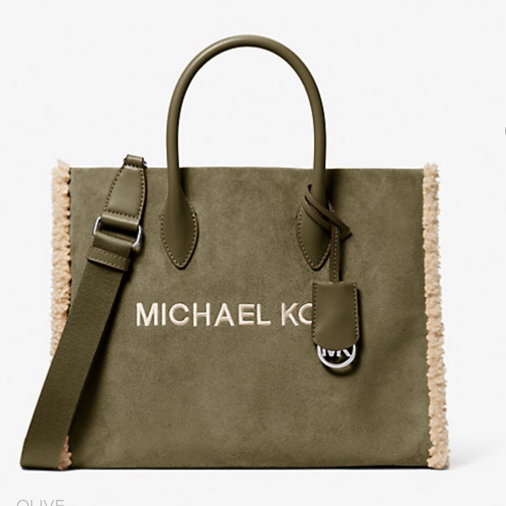 MICHAEL KORS Mirella Medium Suede and Faux Shearling Tote Bag
Olive 
NWT - Picture 4 of 16